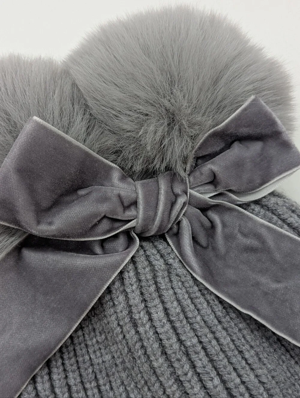 Grey Ribbed Velvet Bow Fuzzy Pom Pom Kids Toddler Winter Hat